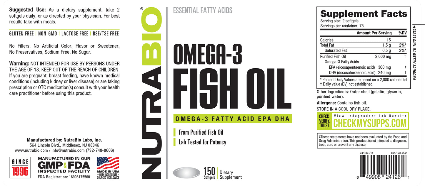 OMEGA 3, 150 CAPSULAS, NUTRABIO + REGALO 🎁 (PROMO)