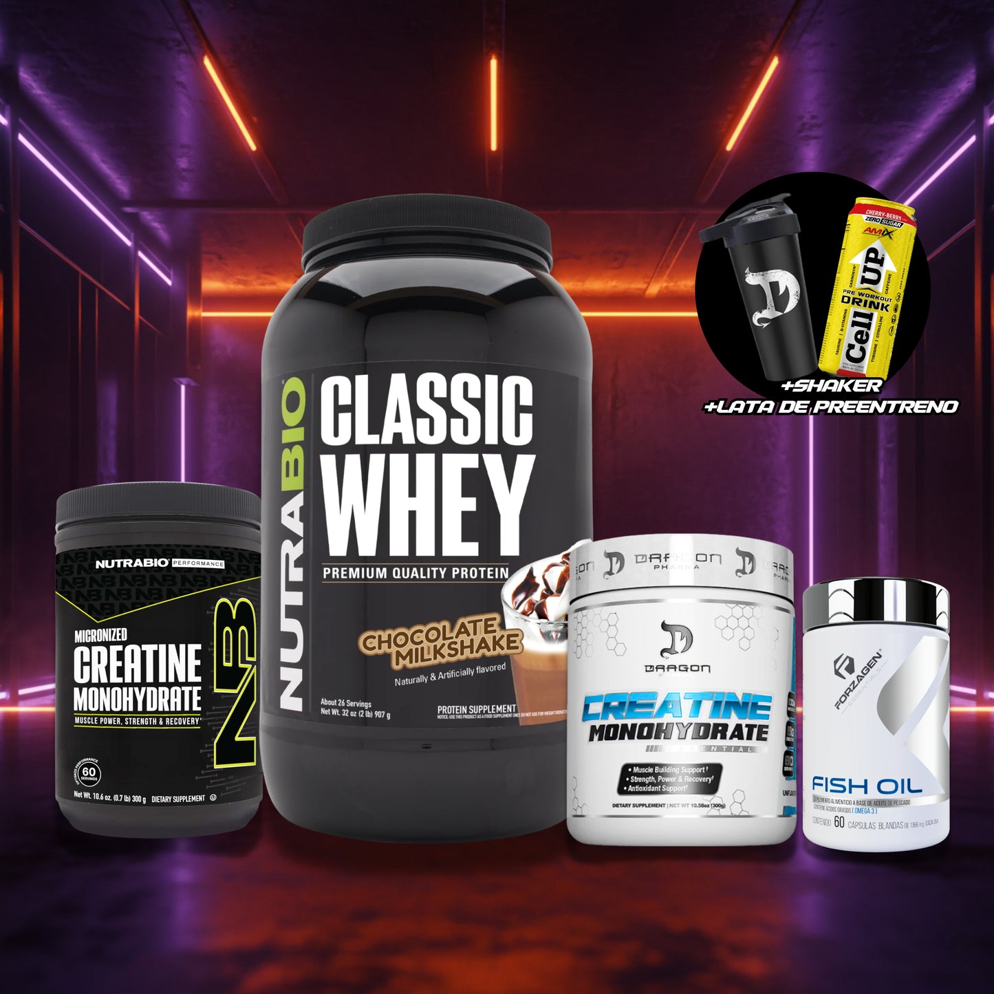 PACK 1 : WHEY PROTEIN 2LB + CREATINA 300GR + OMEGA 3 + 2 REGALOS