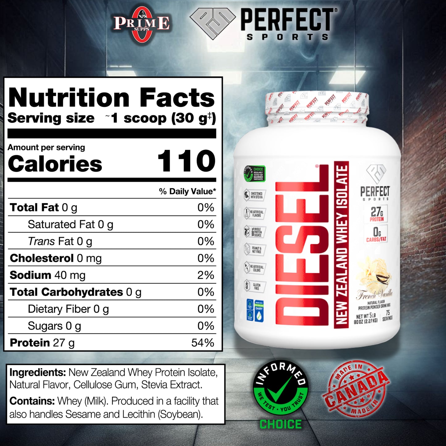 DIESEL ISOLATE 5LB, 0 GRASAS, 0 CARBOHIDRATOS, 27GR DE PROTEINA - PERFECT SPORTS