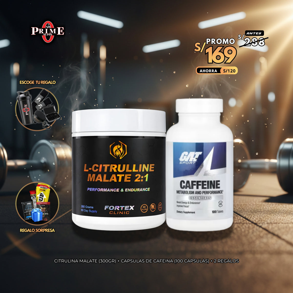 CITRULINA MALATO (300GR) + CAPSULAS DE CAFEINA (100 CAPSULAS) + 2 REGALOS