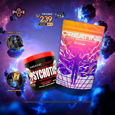 CREATINA (1KG) + PREENTRENO PSYCHOTIC RED (30 SERVICIOS + 2 REGALOS