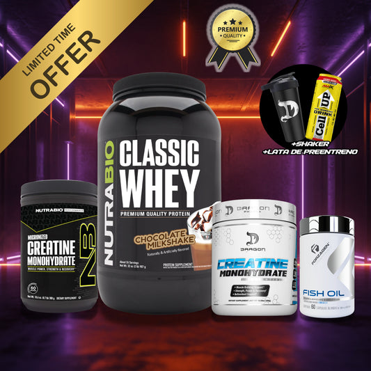 PACK 1 : WHEY PROTEIN 2LB + CREATINA 300GR + OMEGA 3 + 2 REGALOS