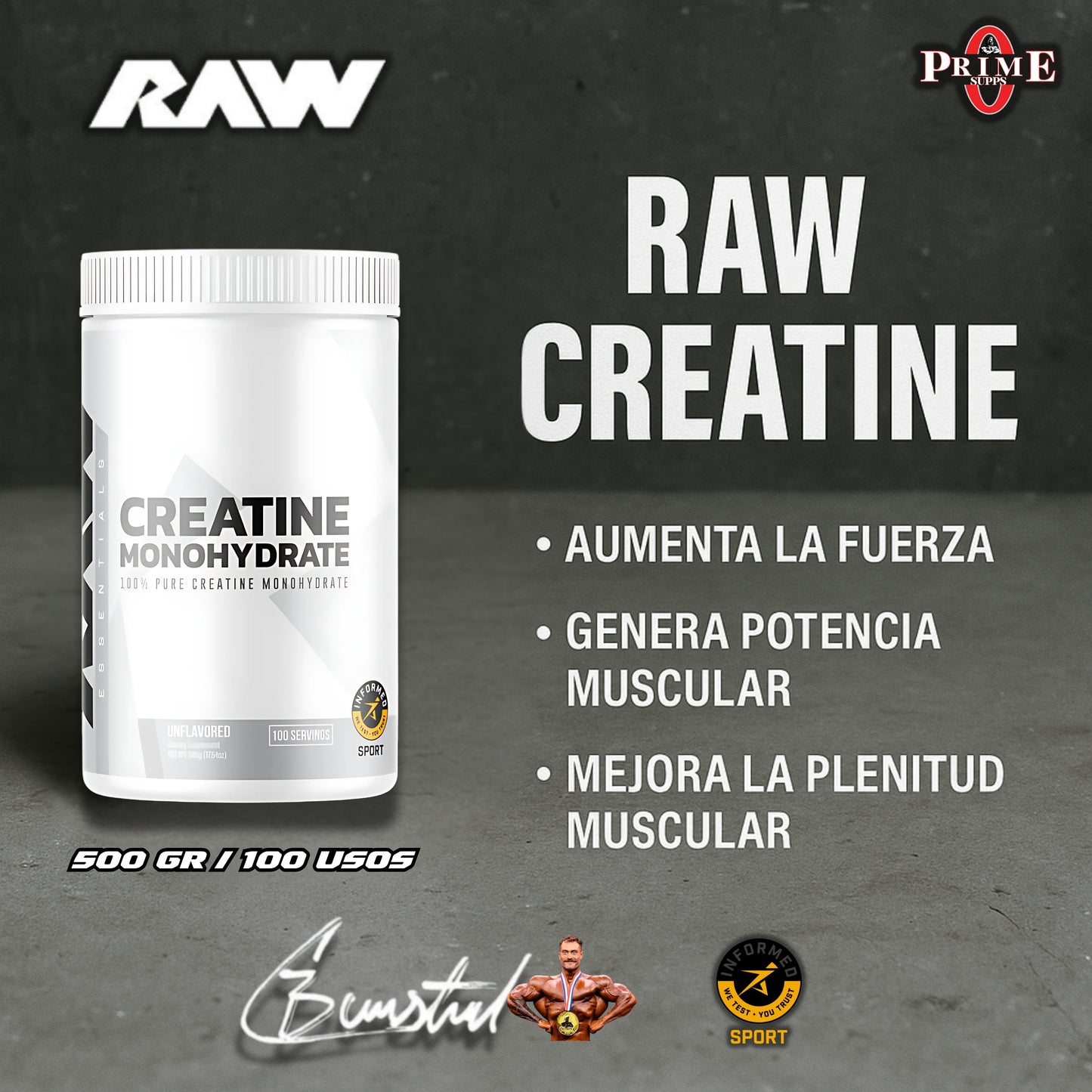 CREATINA MONOHIDRATADA Y MICRONIZADA 500 GR - RAW NUTRITION BY CBUM