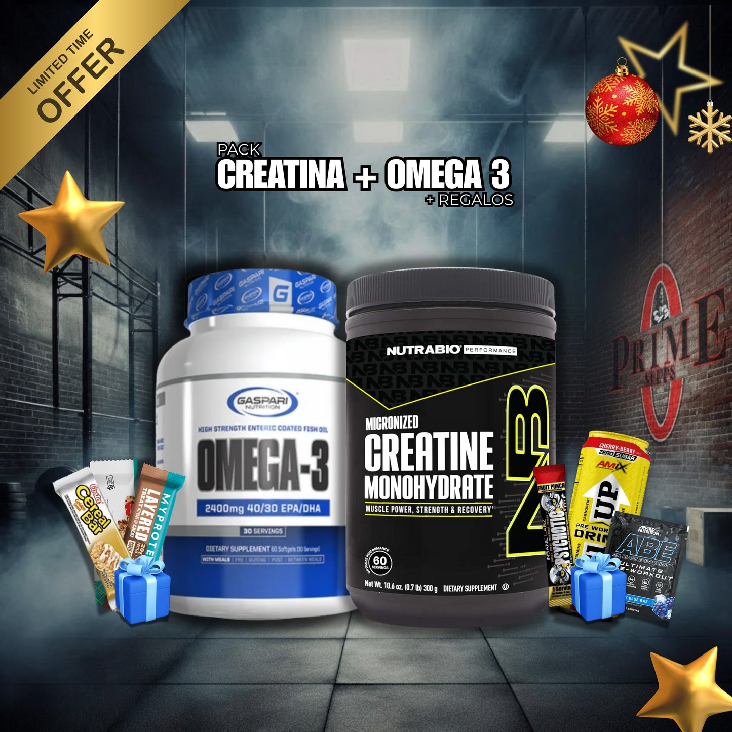 PACK: CREATINA NUTRABIO 500GR + OMEGA 3 GASPARI NUTRITION